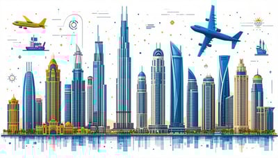 Dubai skyline with travel icons representing adventure and exploration