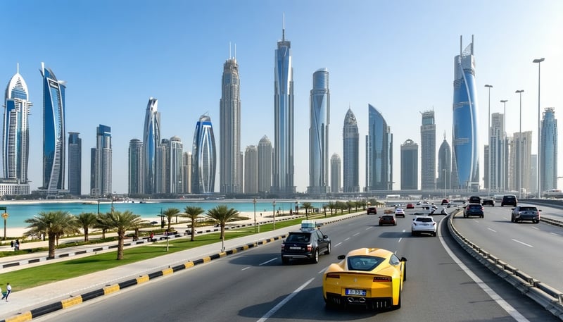 Dubai skyline with iconic landmarks and luxury transportation