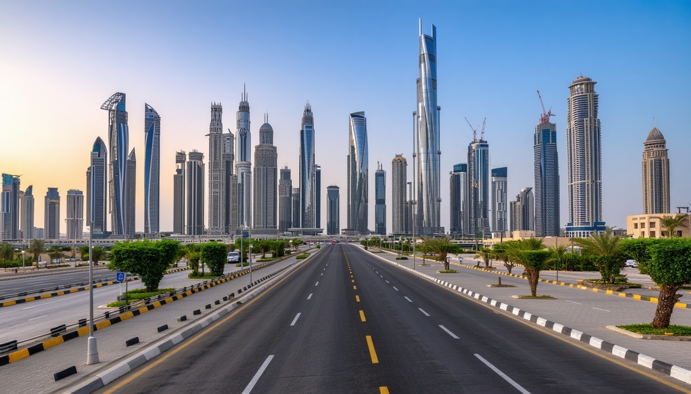 Luxury Dubai cityscape with roads and skyscrapers