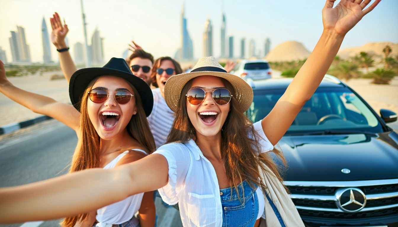 Happy tourists enjoying a guided Dubai road trip